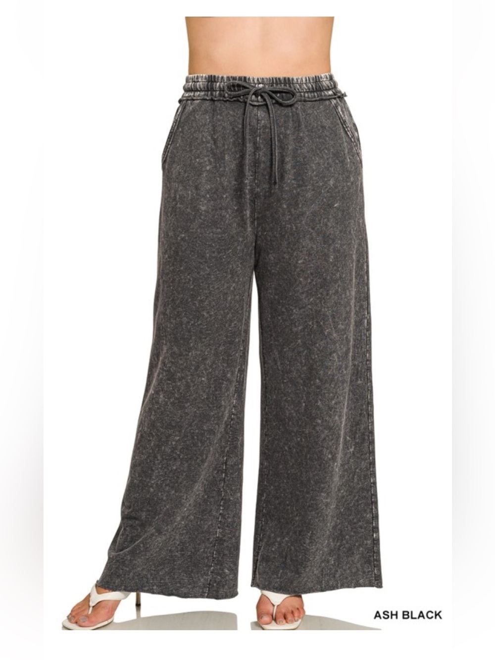 Zenana Black Wash Cotton French Terry Wide Leg Pants - Picture 7 of 8